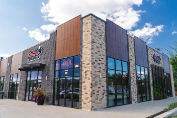 Retail storefronts in a shopping area